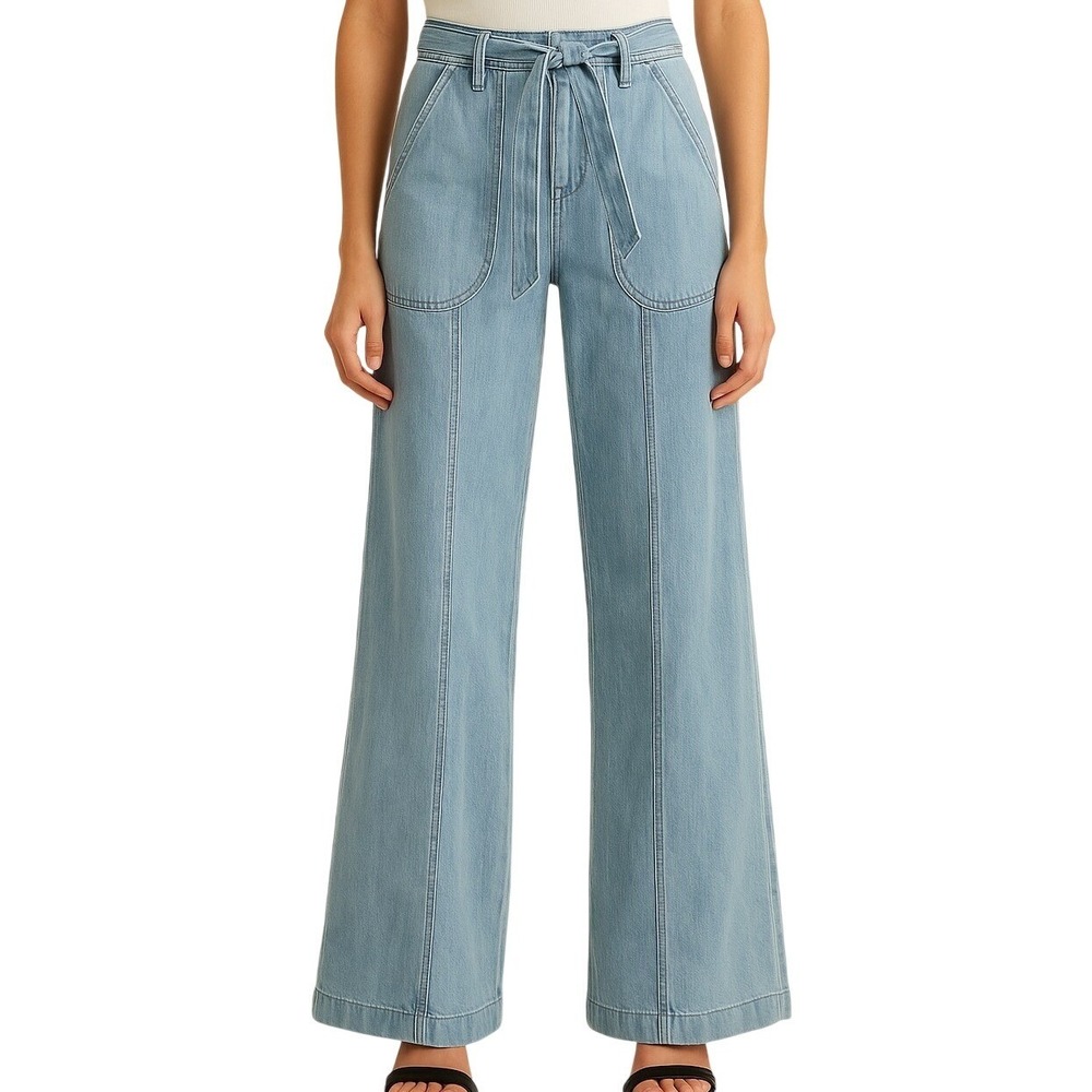 Hudson Jeans Claire Wide Leg Pant 27 Light Wash Tie Waist High Rise Patch Pocket